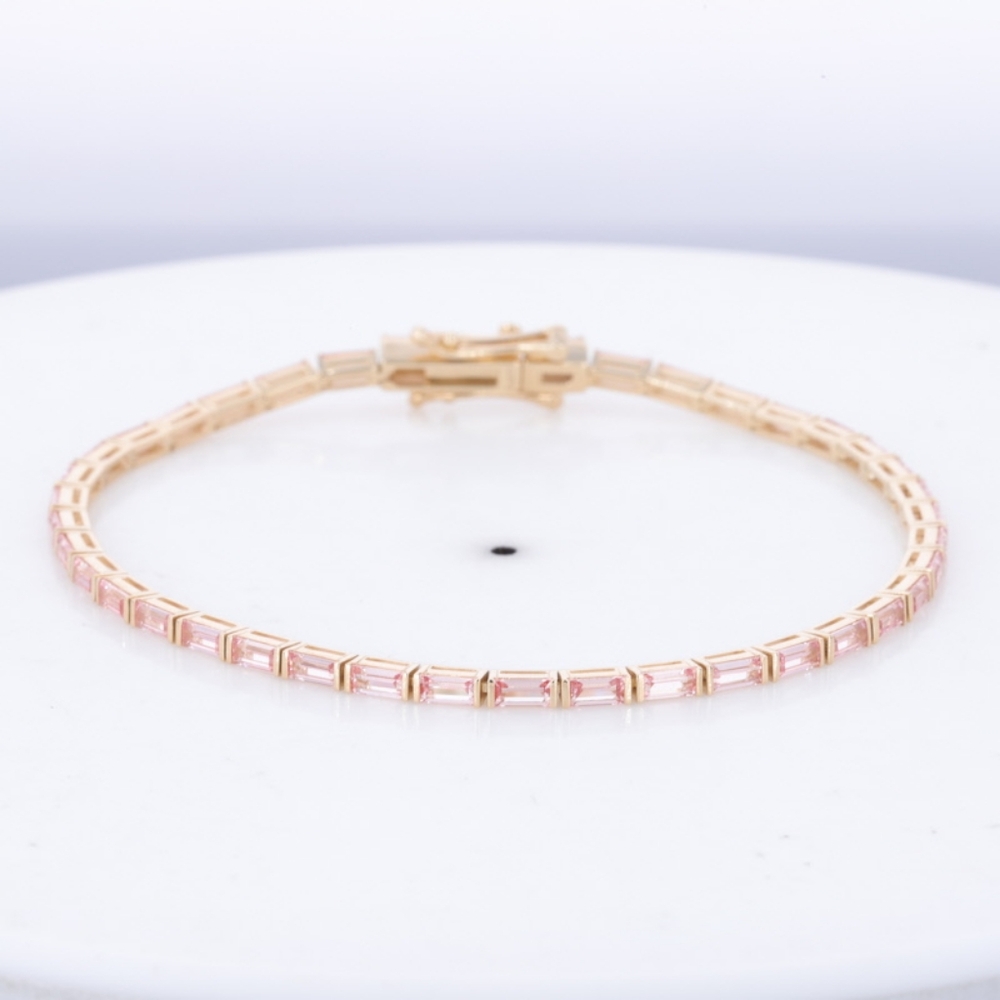 Yellow Gold and Baguette Cut Lab Padparadscha Sapphire Bracelet 7.5 inches Long